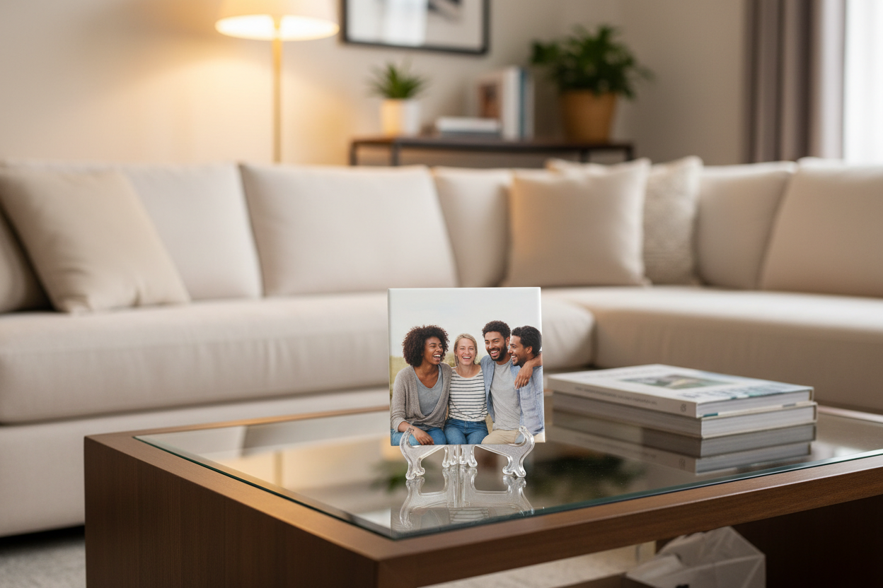 Azulejo con foto de amigos en salón
