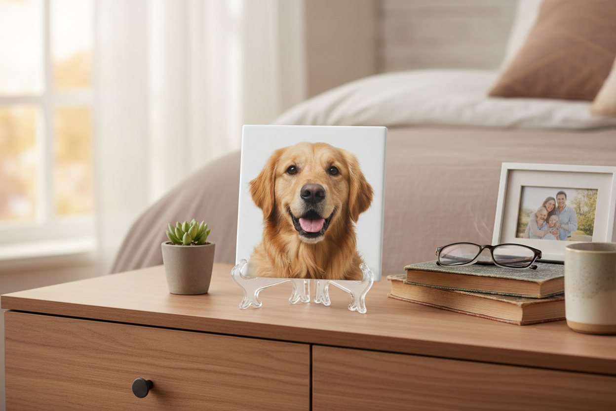 Azulejo con foto de perro en habitación