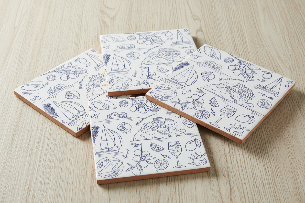 Cinco posavasos sobre mesa con bordes rectos