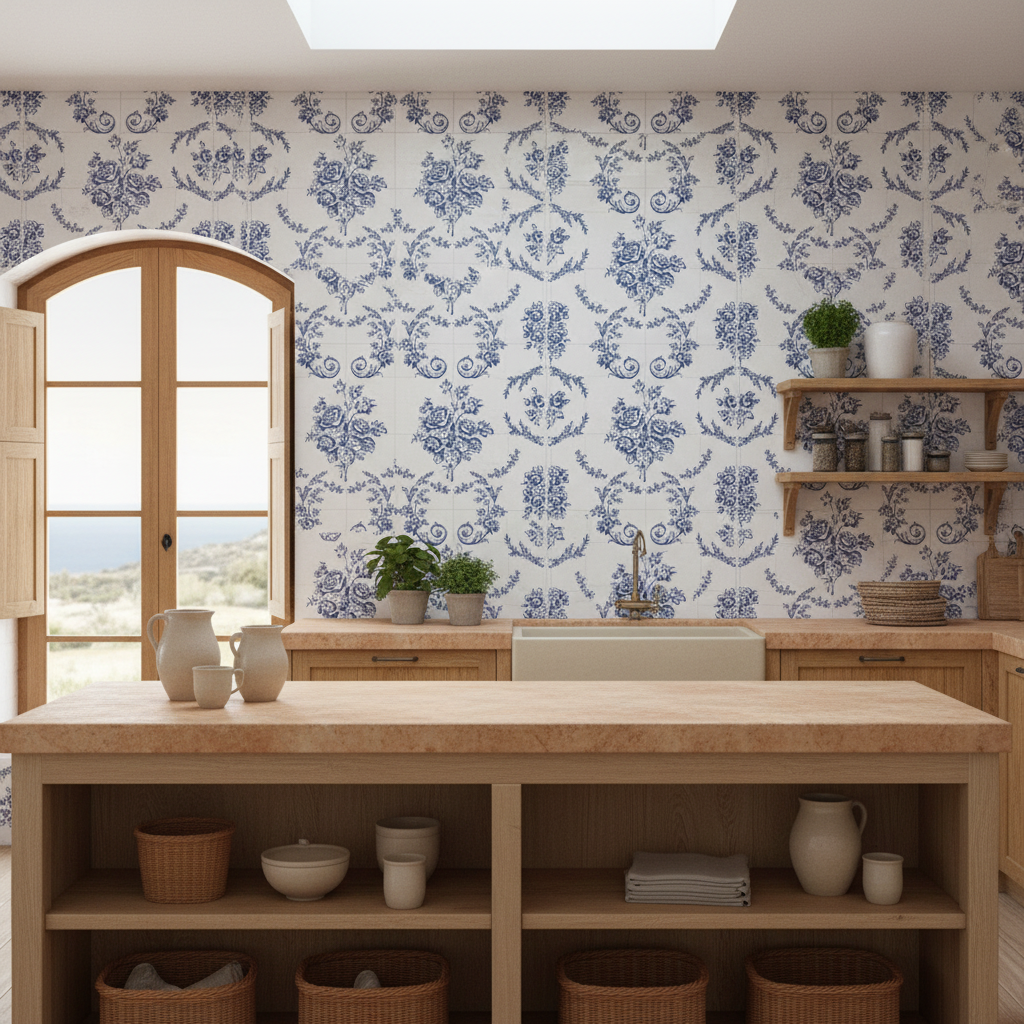 Cocina con azulejos florales completos