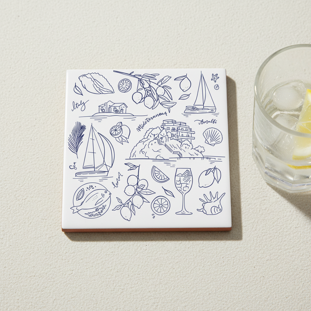 Detalle del posavasos con vaso al lado