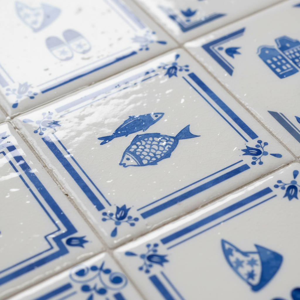 Detalle de azulejos Delft con acabado brillo barniz protector