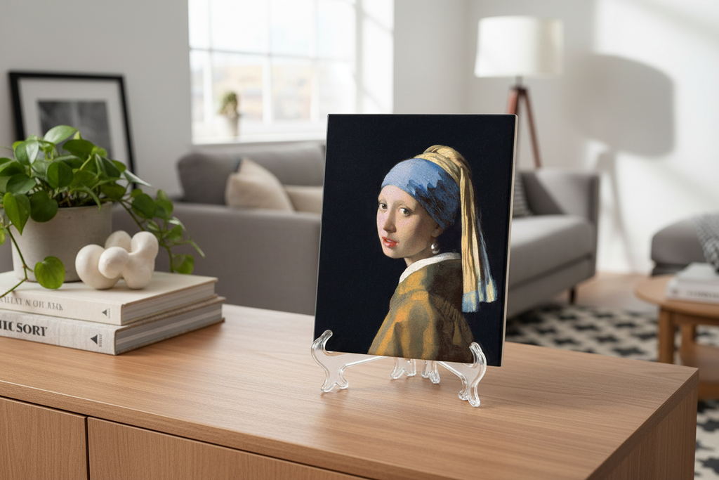 La Joven de la Perla en salón con soporte de metacrilato