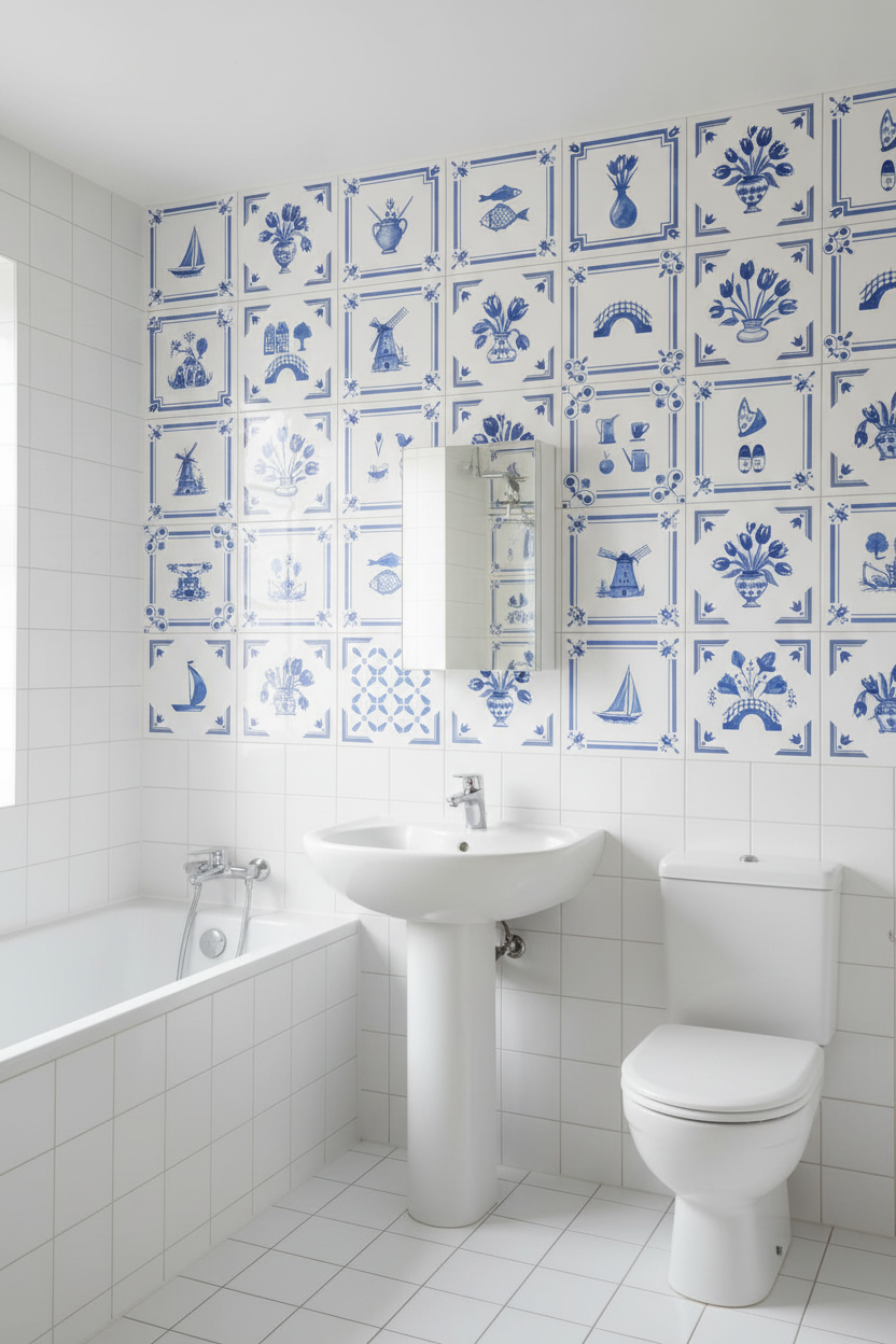 Pared completa de baño con azulejos Delft