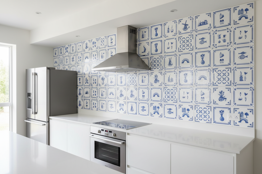 Pared completa de cocina con azulejos Delft