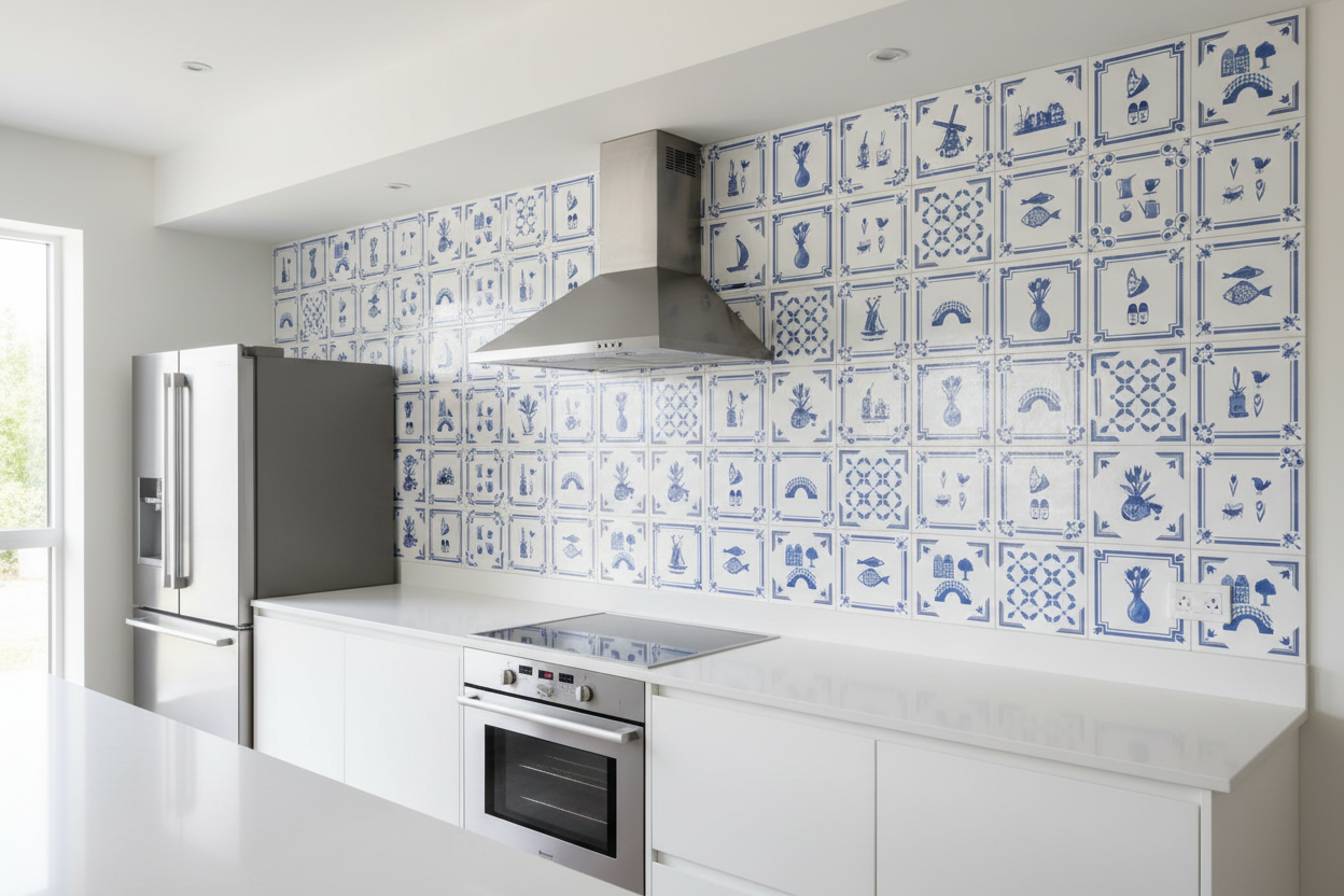 Pared completa de cocina con azulejos Delft