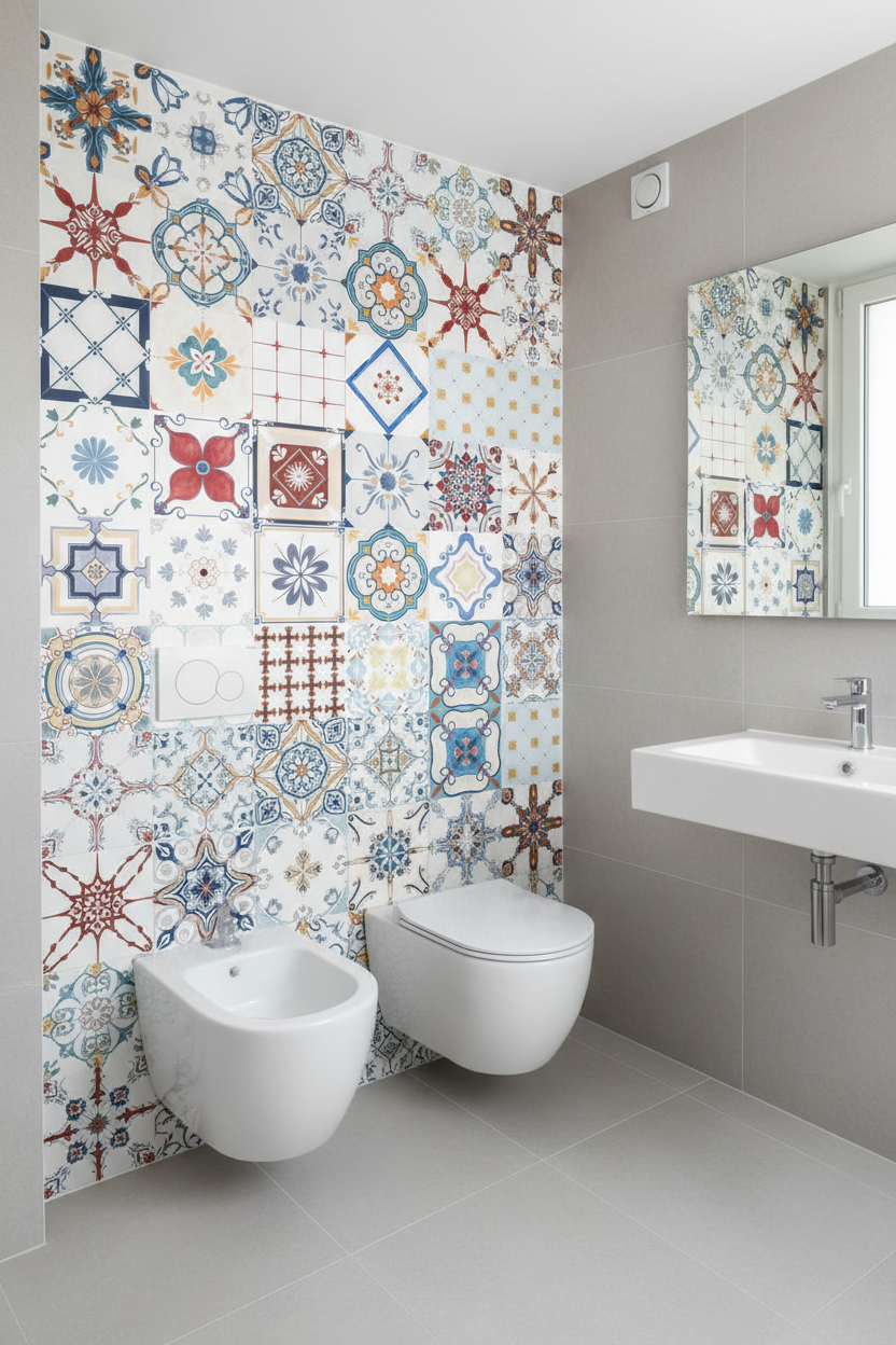 Pared de baño con azulejos decorativos