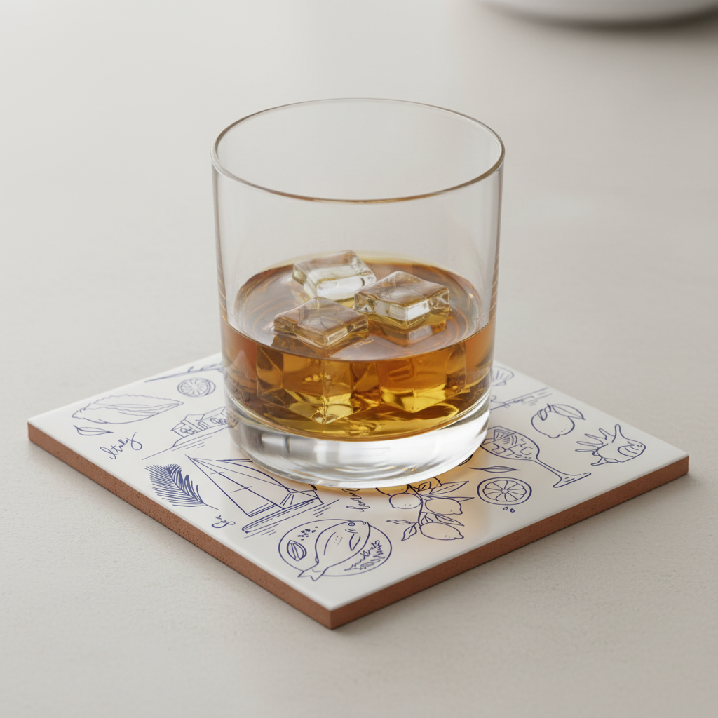 Posavasos con vaso de whisky