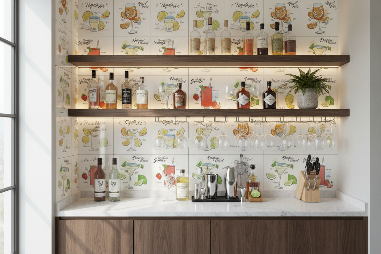 Rincón cocktelero en casa con pared de azulejos